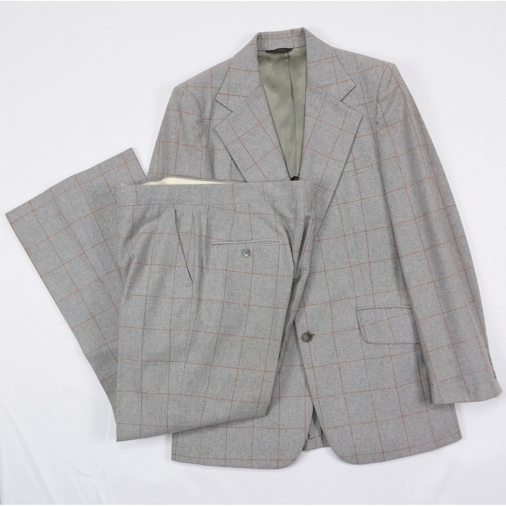 VTG 70s Brookfield Gray Windowpane Plaid Suit Union Made USA 2pc Men's 38R 32x30